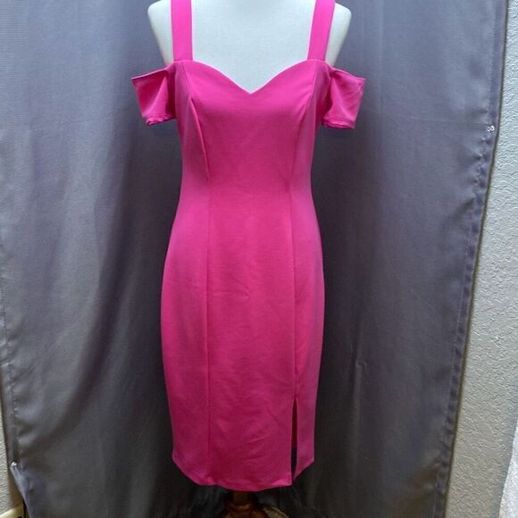 Bisou Bisou Barbie pink off/cold shoulder body con classic dress Sz 8 - Picture 2 of 14